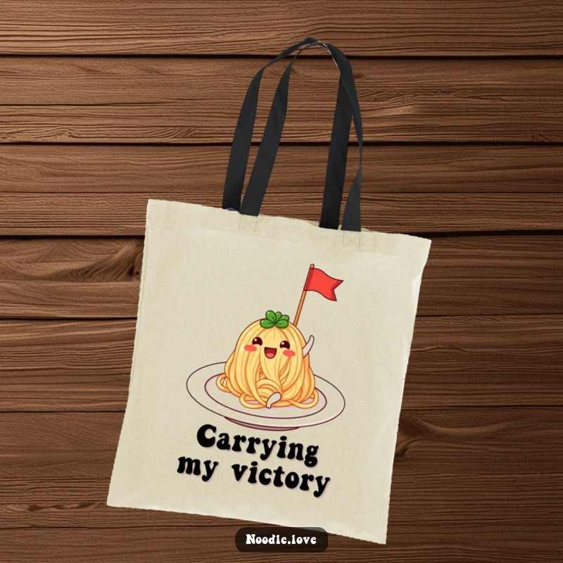 Funny Noodle Tote Bag: A cheerful noodle on a plate, waving a small flag, ready for grocery adventures.