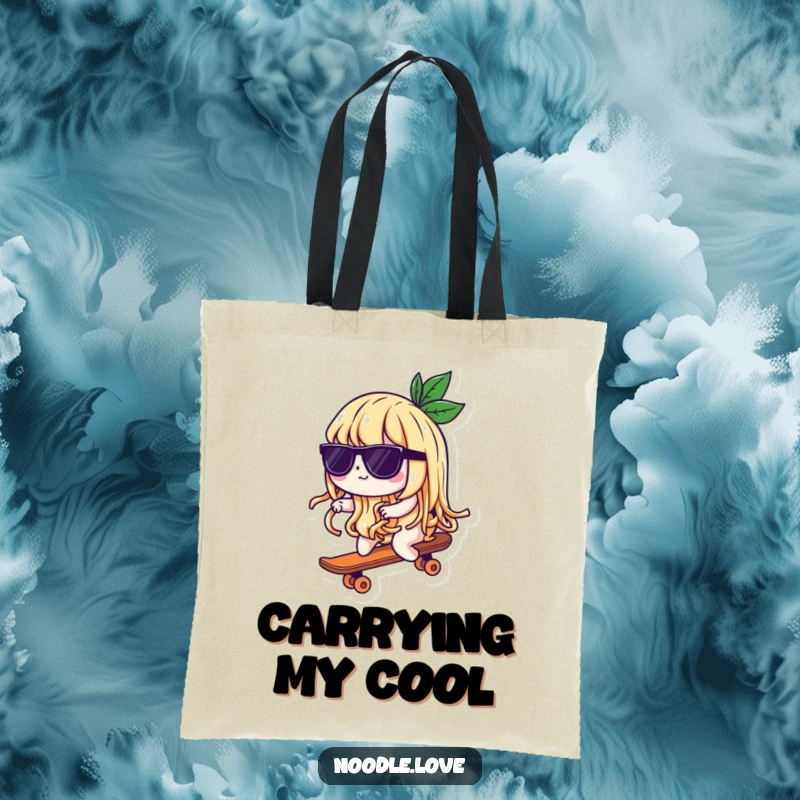 Funny tote bag with a cool noodle character in sunglasses riding a tiny skateboard, perfect for carrying essentials with a humorous twist.