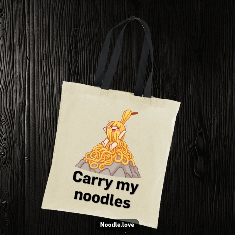 Funny tote bag showing a gleeful noodle character mid-slide down a colossal mountain of noodles, a practical and humorous accessory.