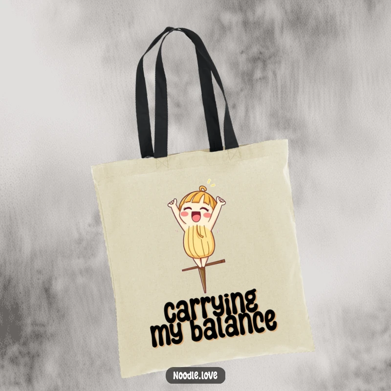 Funny tote bag with a noodle character excitedly doing a headstand on a chopstick, perfect for shopping.