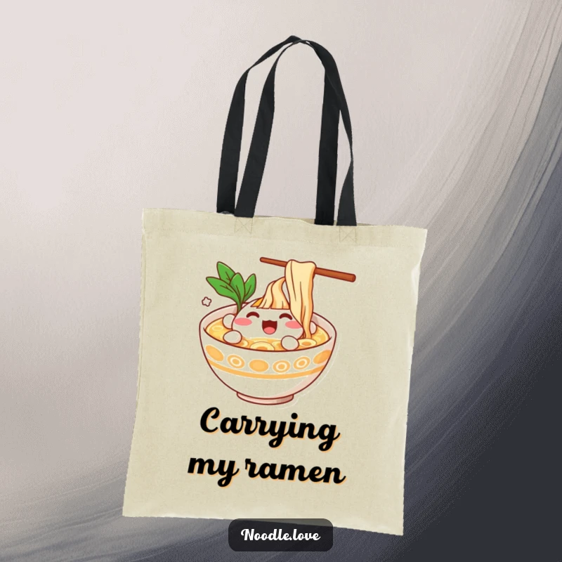 Funny Ramen Bowl Character Splashing Happily in Broth Tote Bag - Cute food character on a practical bag, charming funny gift.