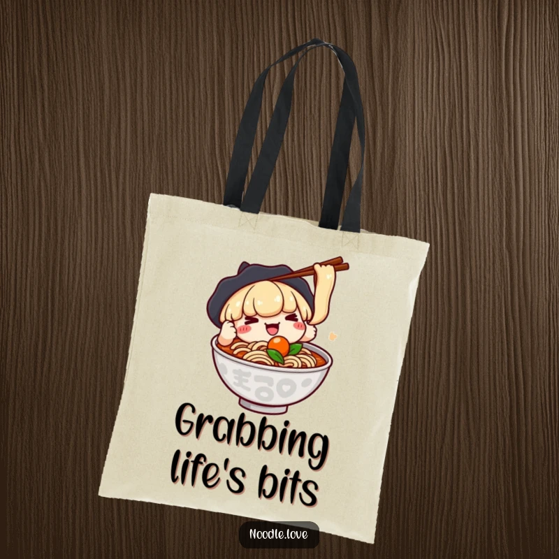 Funny tote bag with a kawaii ramen character using chopsticks to snag a floating ingredient, perfect for carrying essentials with humor.