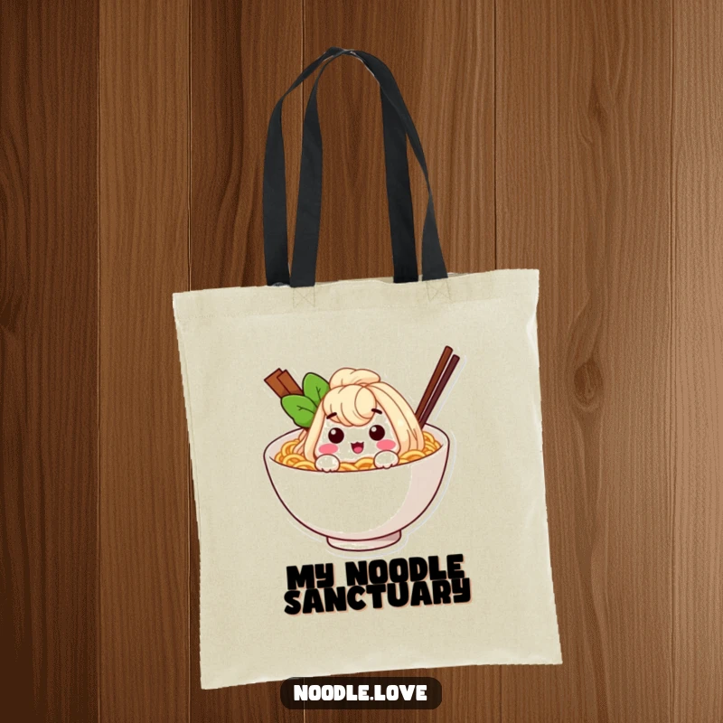 Funny ramen noodle character winking from inside a cozy bowl, a humorous and practical tote bag for everyday use.