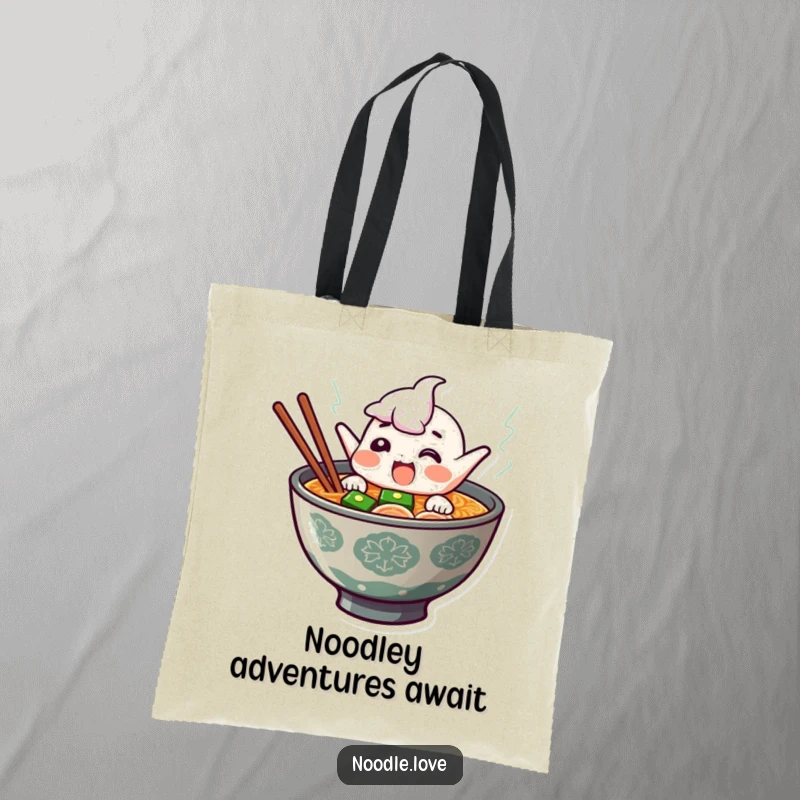 Funny ramen tote bag with a giggling character leaping from steaming broth, perfect for carrying groceries with a side of humor.