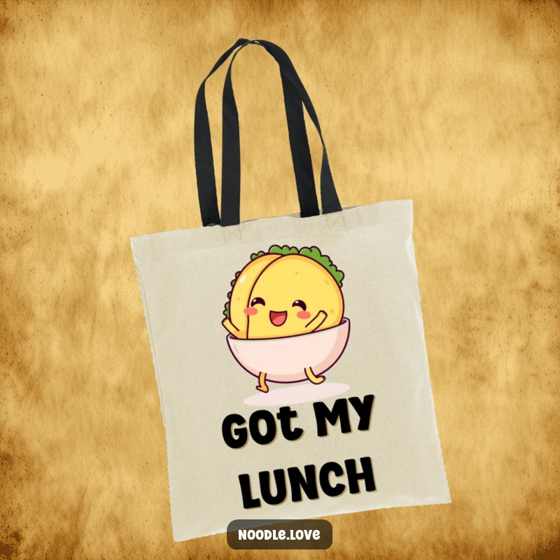 Funny Tote Bag: a cheerful taco with legs excitedly sliding into a bowl, a fun and practical accessory for taco fans.