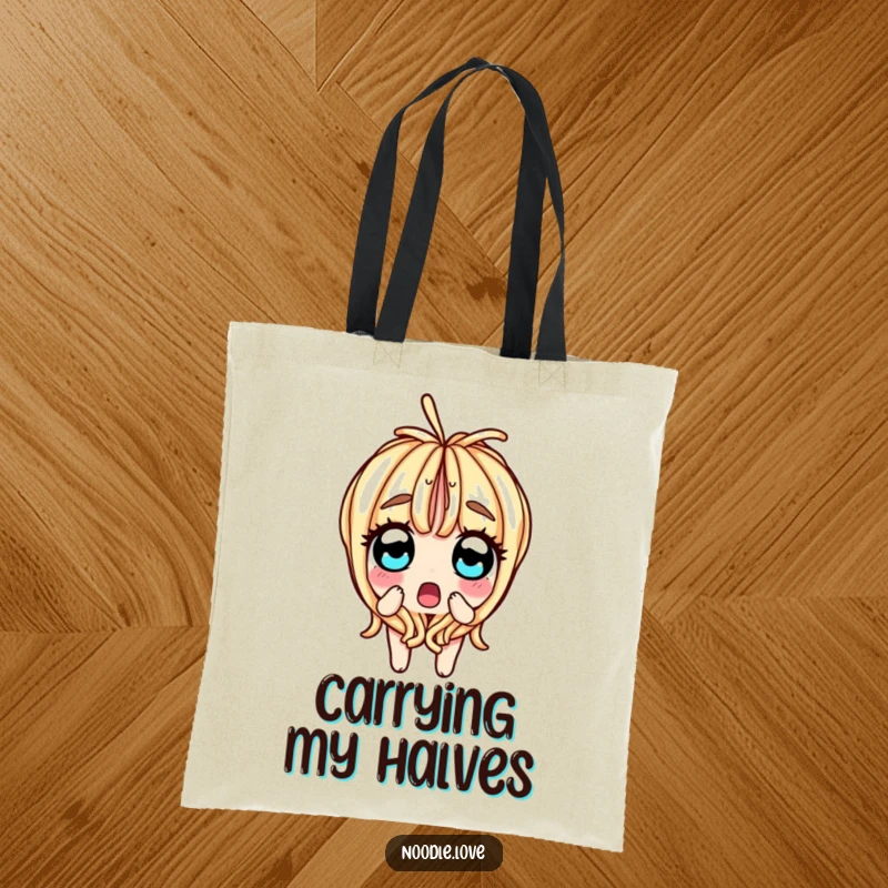 Funny tote bag showing a surprised noodle character splitting in half, with wide, shocked eyes, a symbol of unexpected events.