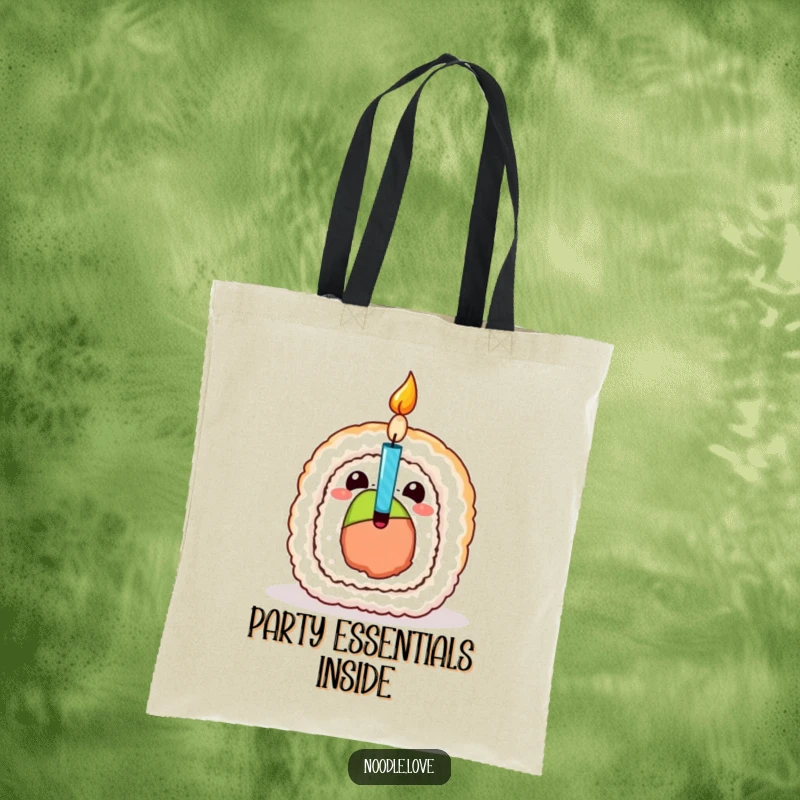 Funny Sushi Birthday Tote Bag, adorned with a sushi roll character bursting open to reveal a surprise birthday candle, great for carrying gifts.