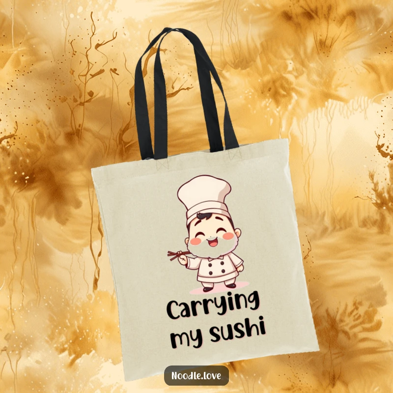 Funny giggling sushi chef tote bag with a tall hat and chopsticks, showcasing culinary flair and a playful, carry-all attitude.