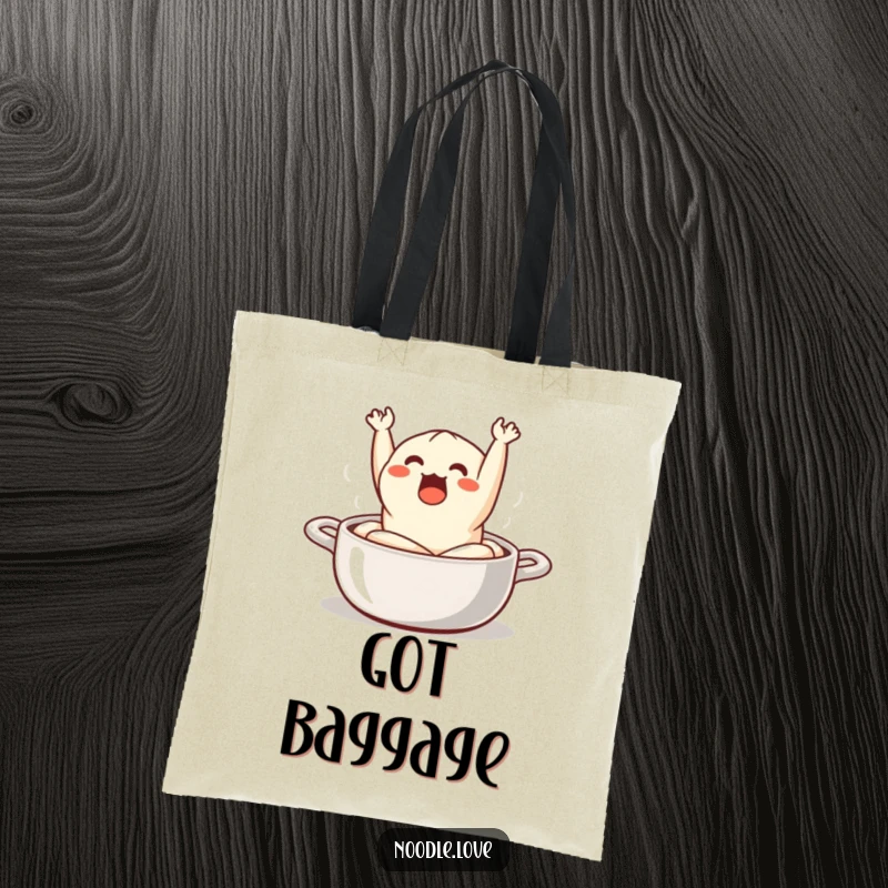 Funny Tote Bag: a surprised dumpling comically jumping out of a steaming pot, a fun and practical accessory for food lovers.