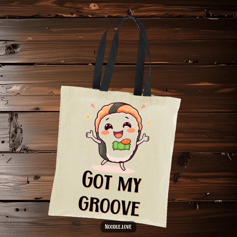 Funny Sushi Dance Tote Bag: Gleeful sushi character dances happily, a practical and humorous accessory for food lovers.