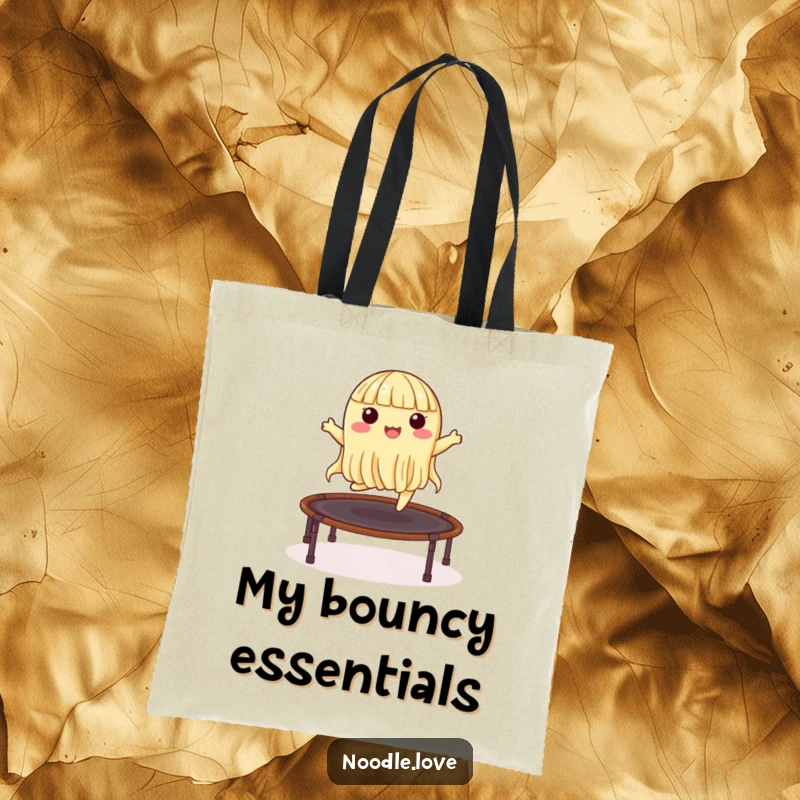 Funny tote bag with a cheerful noodle character bouncing enthusiastically on a nori seaweed trampoline, great for shopping and fun.