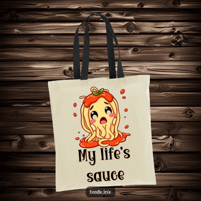 Funny Noodle Tote Bag: A surprised noodle character wiggling with excitement and sauce splattering, perfect for food lovers.