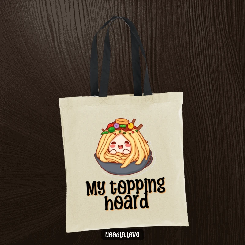 Funny tote bag featuring a happy noodle character diving headfirst into a large, overflowing mountain of assorted appetizing food toppings.