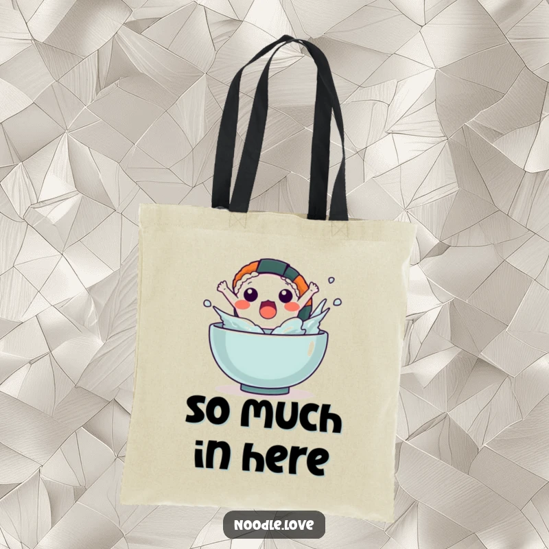 Funny Kawaii sushi character leaping out of a bowl with a splash, depicted on a practical tote bag.