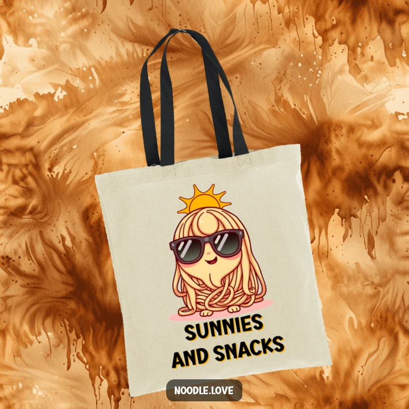 Funny happy noodle character wearing tiny sunglasses on a sunny day, fashionable tote.
