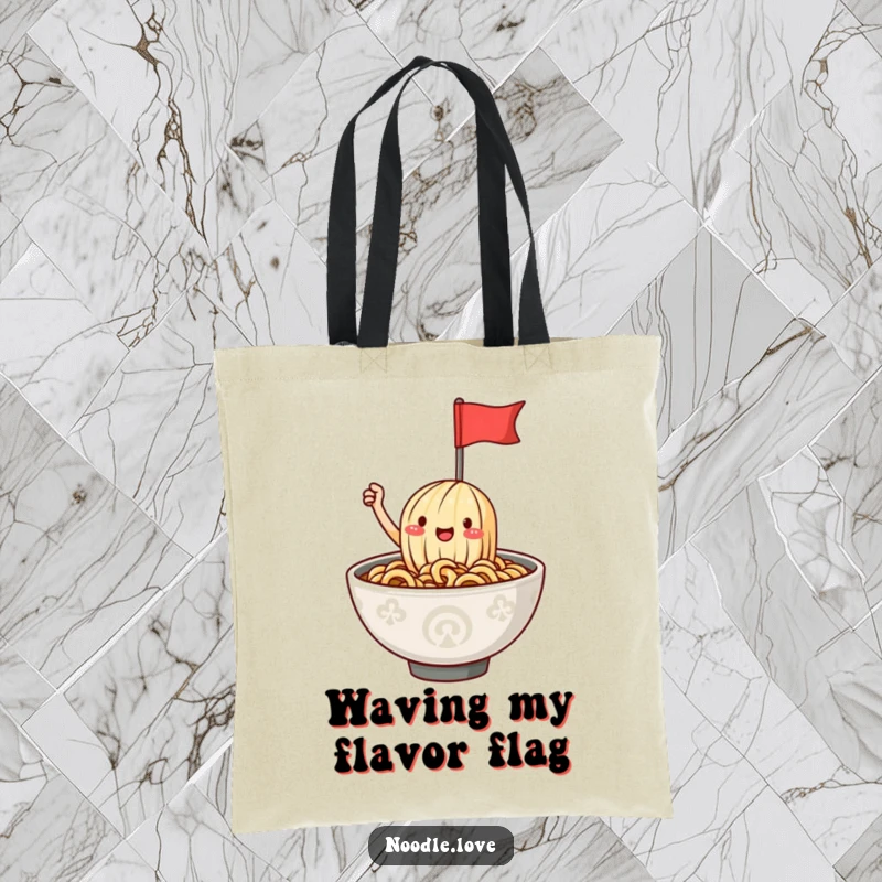 Funny ramen noodle tote bag featuring a cheerful character waving a small flag from a steaming bowl, perfect for carrying groceries with a smile.